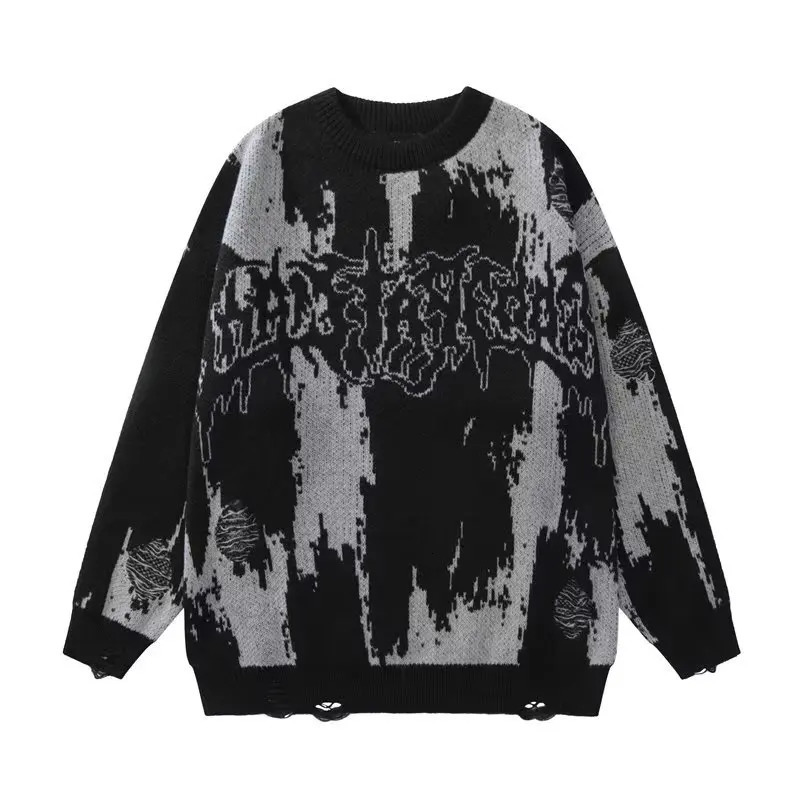 Korean Hip Hop Ripped Sweaters Grunge Y2K Vintage Knitted Punk Gothic Streetwear Jumpers Men Women Harajuku Fashion Pullover 240808