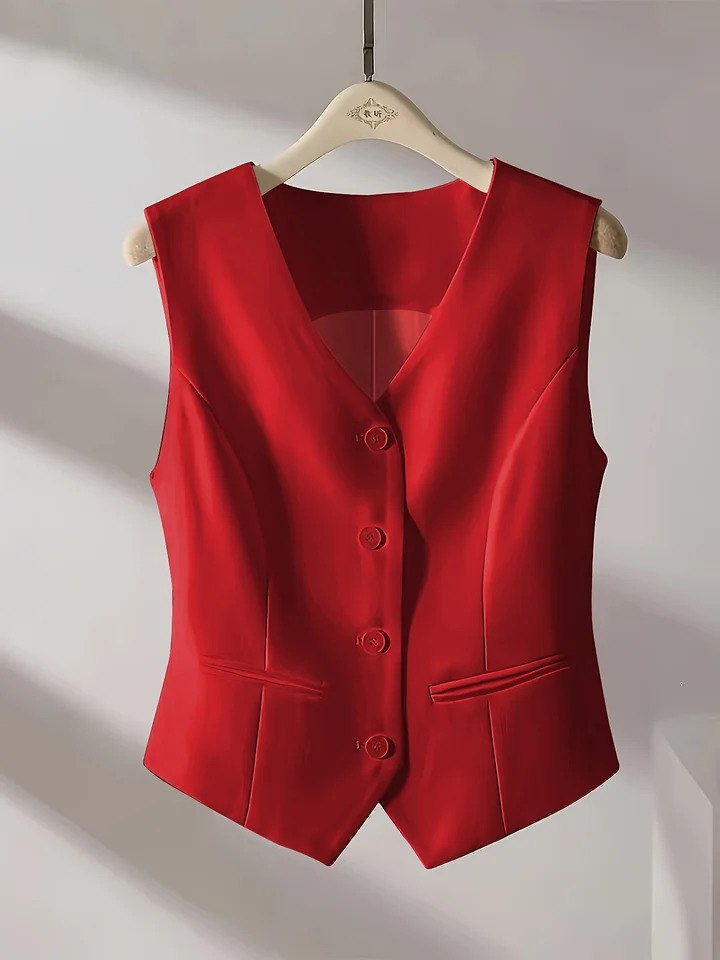Vintage V-neck Suit Vest Elegant Womens Casual Single-breasted Sleeveless Jacket Fashion Slim Solid Color Vest Simple and Chic 240808