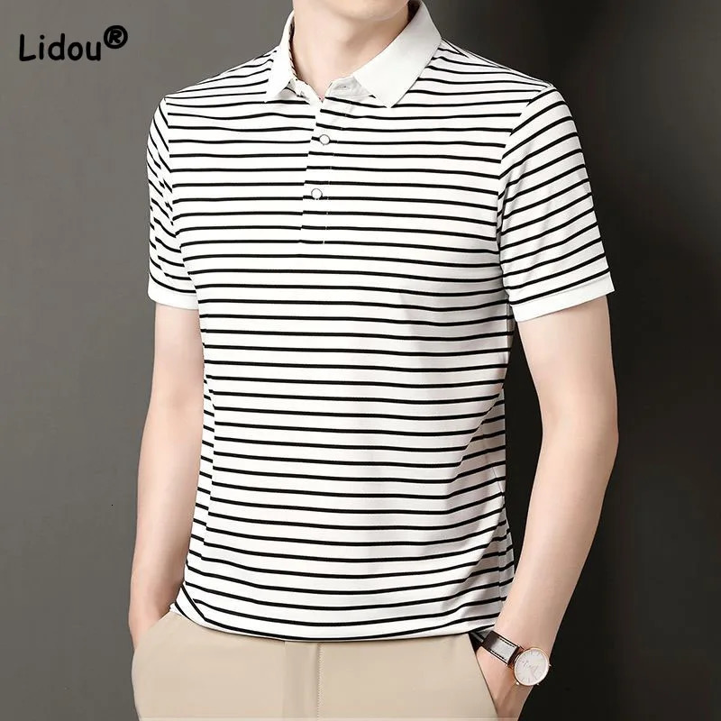 Fashion Trends Mens Striped Polo Polo Neck Summer Business Casual Business Short Sheeve confortable T-shirt Homme Robe240807