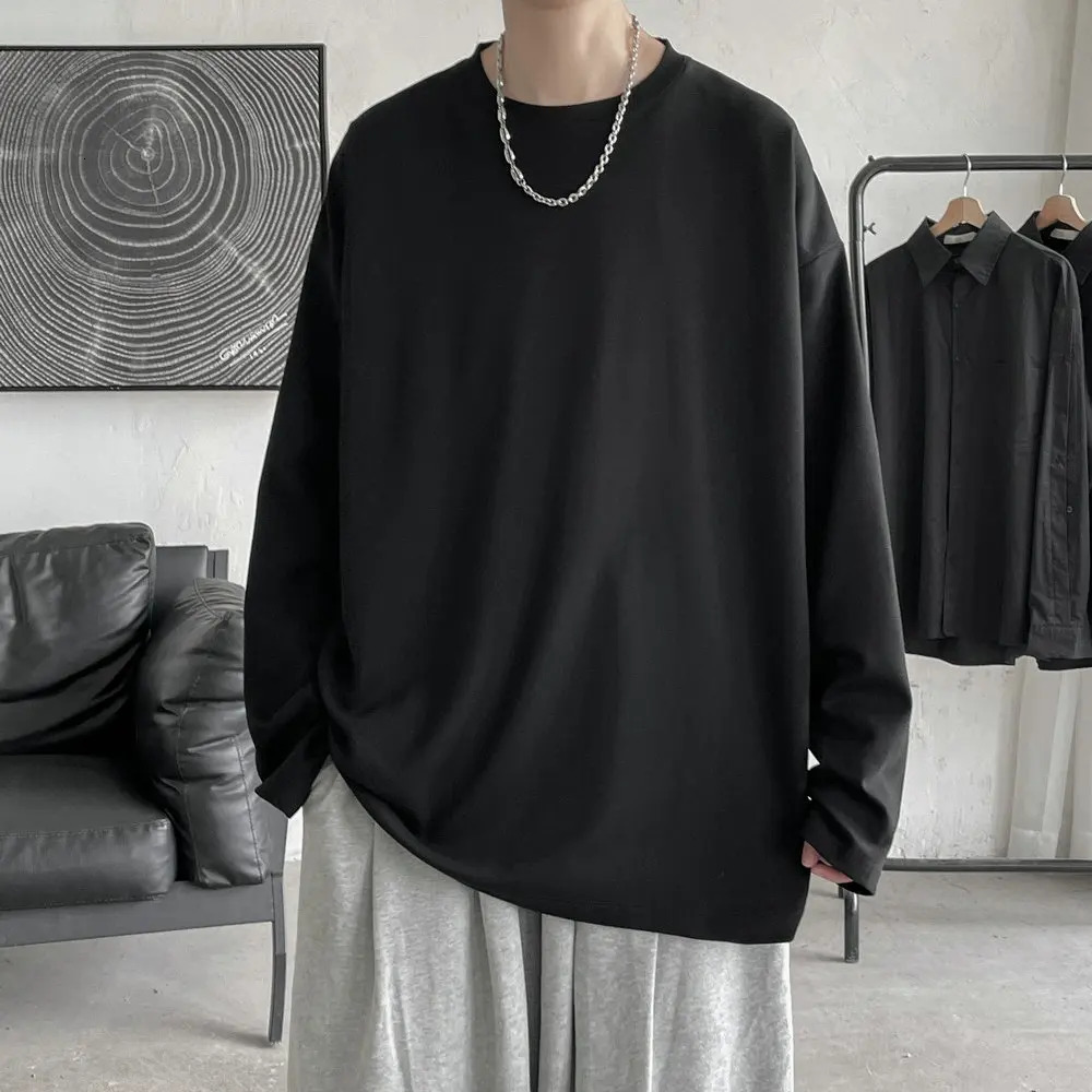 Long sleeved casual solid color mens T-shirt Spring/Summer O-neck oversized mens T-shirt240807