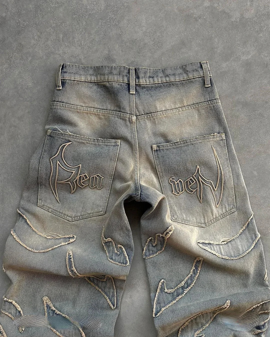 Streetwear Distressed Patchwork mens bag jeans Y2k retro original edge embroidery denim pants womens straight wide leg Trousers240807