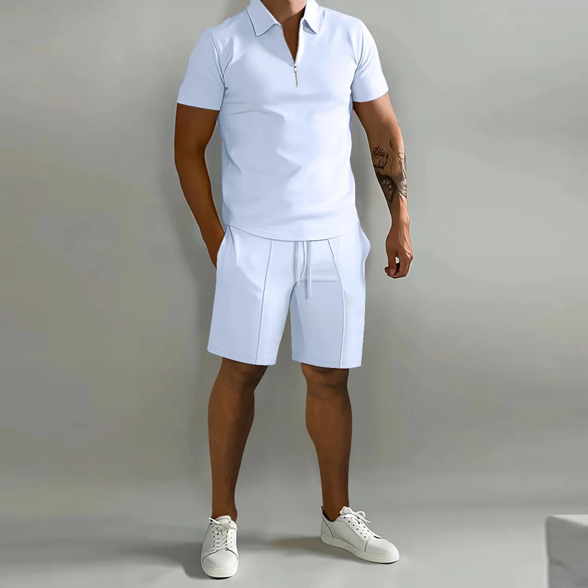 Summer Men Polo Tracksuit 2 pièces Ensemble 3D Imprimer en couleur solide Fashion Fashion Zipper Polo Short Homme Vêtements Polo Vêtements 240808