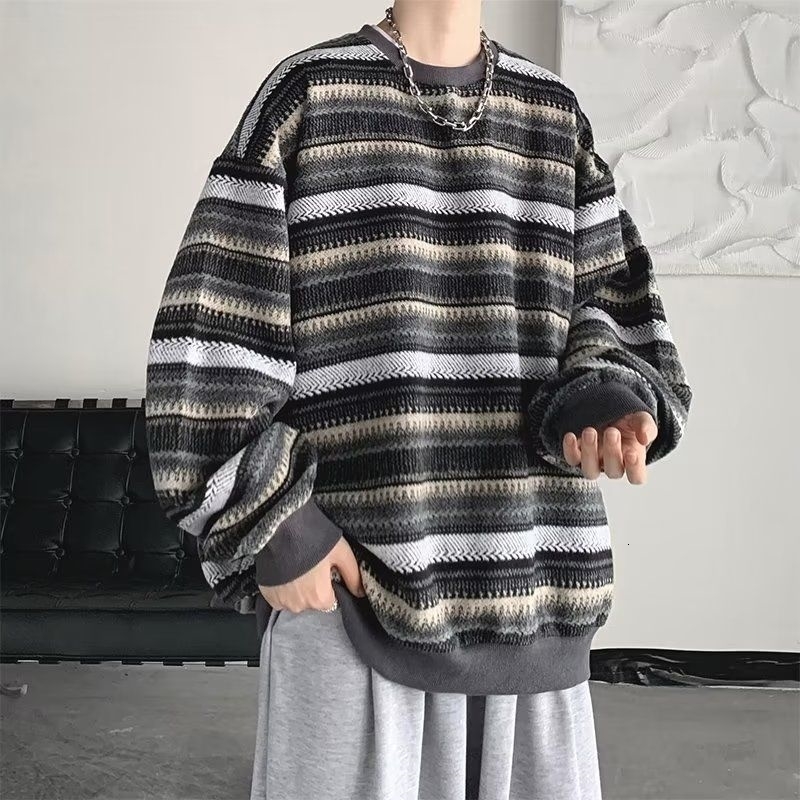 Lazy retro style striped largesized mens hooded shirt in spring contrasting color loose round neck long sleeved Korean top 240807