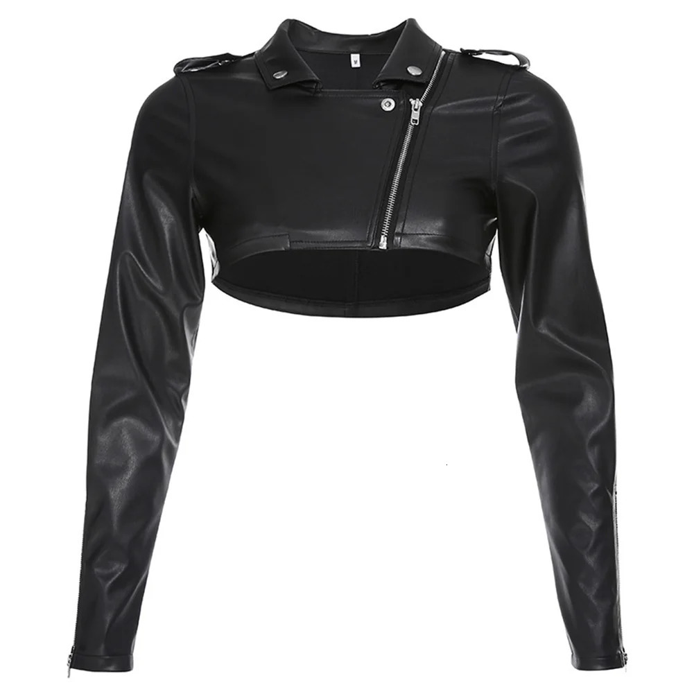 Fashion punk womens jacket diagonal zipper cuff button decoration micro motorcycle bicycle artificial leather girl short 240807