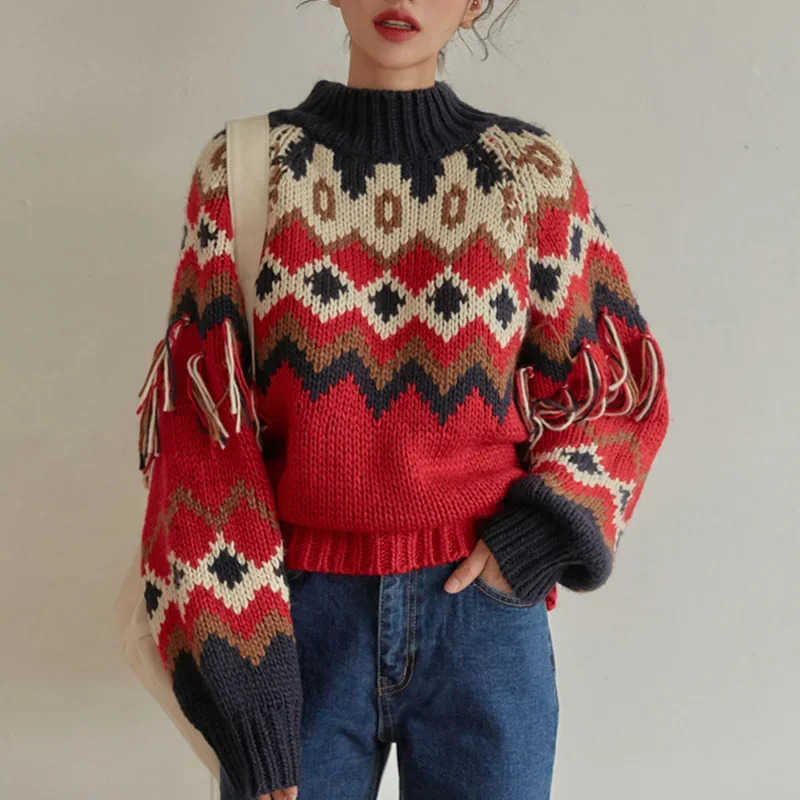 Teelynn manches longues automne chariot chaud de Noël chaud vintage jacquard taillare en tricot femme boho pivotant le pull de pull 240808