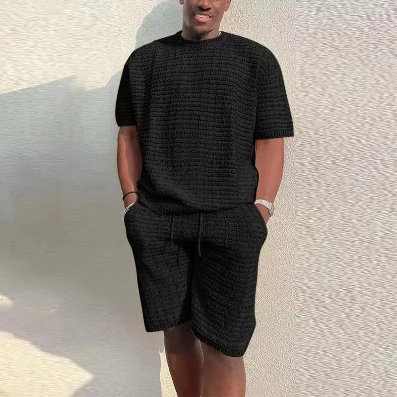 Spring Mens Fashion Set Knitted Solid Loose Two Piece Casual O-Neck Zipper and Short Sleeve Street Wear240807