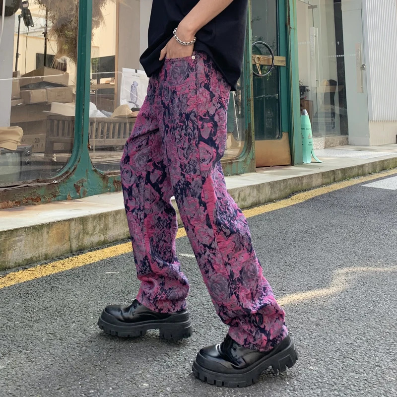 Personalized street high-end fashion mens jeans straight loose fashion jacquard casual hip-hop printing mens clothing240807