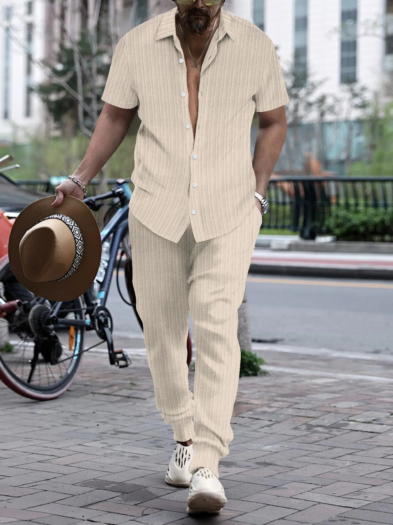 Mens 2PCS set summer 3D printed casual solid color striped beach button pants street clothing holiday shirt twopiece 240808