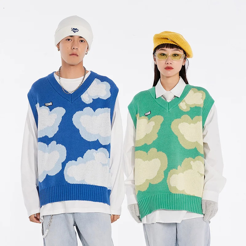 Knitwear unisex Harajuku cloud graphic Vneck knitted sweater top mens retro loose sleeveless Y2K clothing 240807