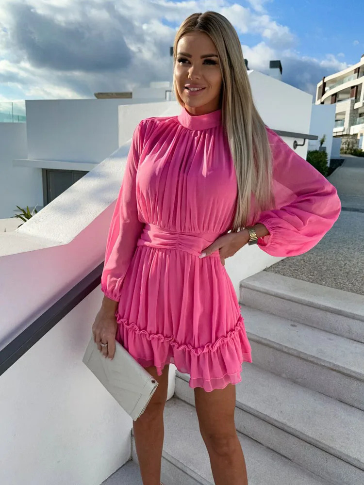 Automne Sweet Slim Fit Camiffon Robe Sexy Owck Drop Pleed Party Robe Fashion Long Manche Ruffle Edge Office Femmes Robe 240808