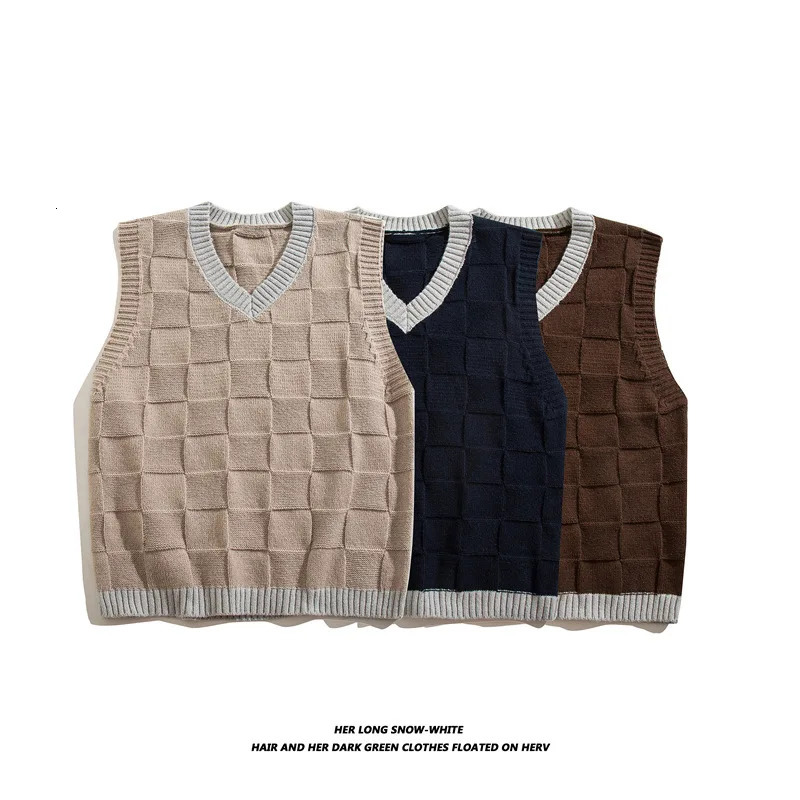 Japanese loose couple Argyle sweater vest mens Y2K autumn fashion Harajuku plain weave Pullover knitted Chaleco Hombre 240807