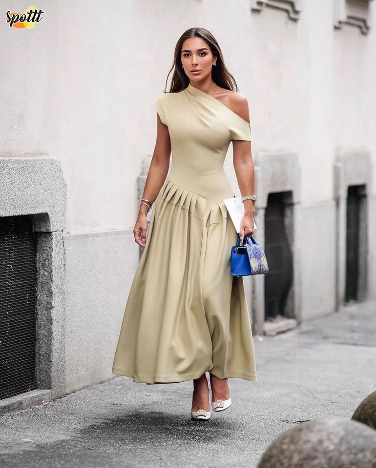 Femmes Élégant Green irrégulière Robe plissée O Patchwork Patchwork Short Robes longues Sexy Casual Office Lady Street Wear 240808
