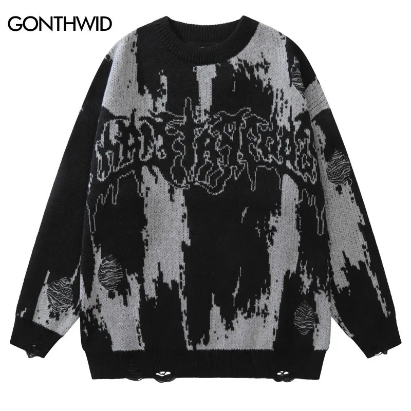 Hip Ripped Sweaters Grunge Y2K Vintage Knitted Punk Gothic Streetwear Jumpers Sweater Men Women Harajuku Fashion Pullover 240808