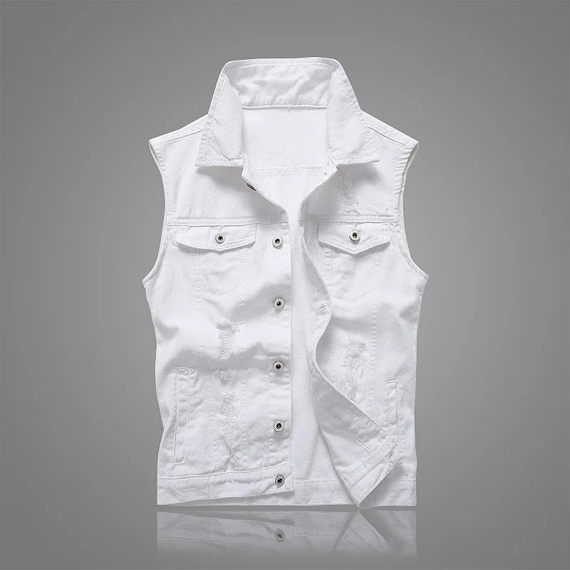 Summer mens torn denim vest top washed waist jacket retro hiphop white sleeveless 240807