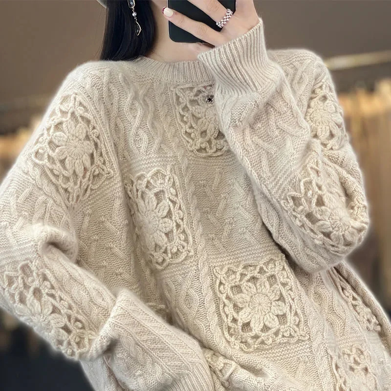 TEELYNN automne hiver pull en tricot ample pour les femmes chandails hauts 100% cachemire à la main pull à fleurs à manches longues Boho pull 240