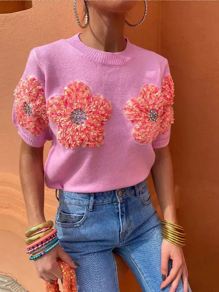 Fashion 3D Flower Print Women Knit Pullover Elegant Slim O-neck Short Sleeve Sweater Spring Summer Female Panelled Knitwear 240808