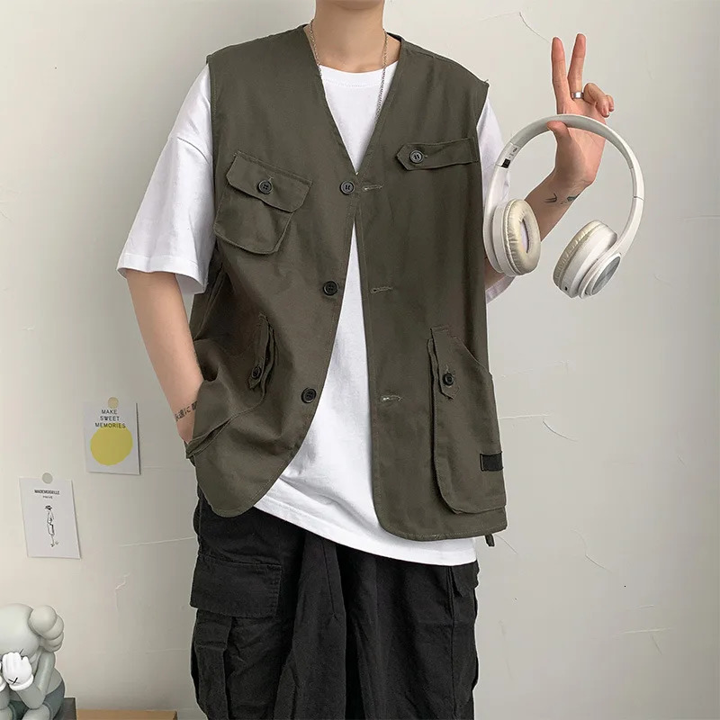 Cotton summer mens long sleeved solid color workwear jacket loose and fully matched Kam shoulder sleeveless top 240807