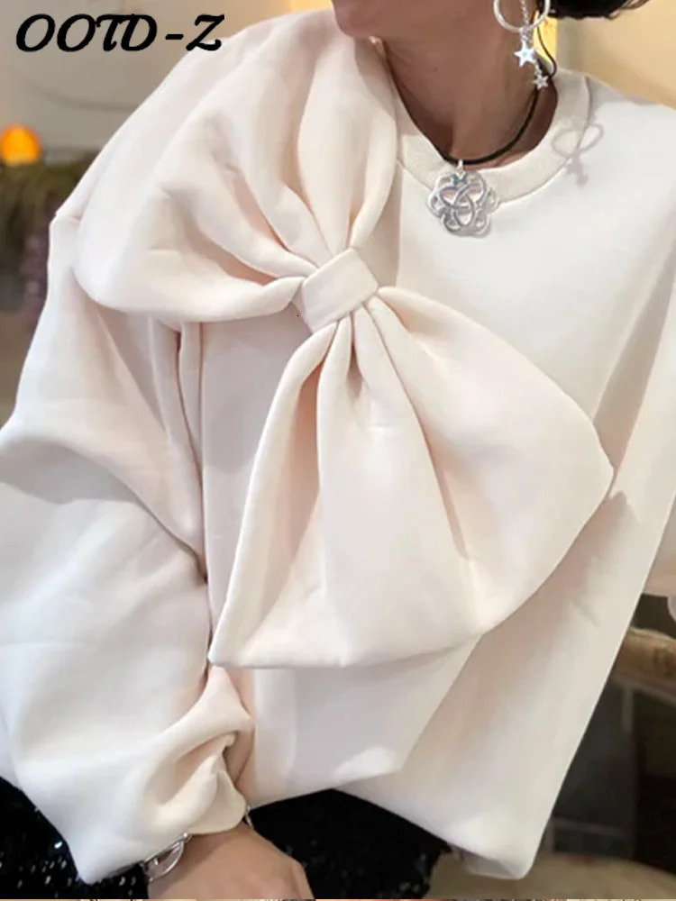 Bow O Neck Women Pullover Long Sleeve Solid Loose Female Tops Spring Fashion Casual All Match Lady Blouses 240808
