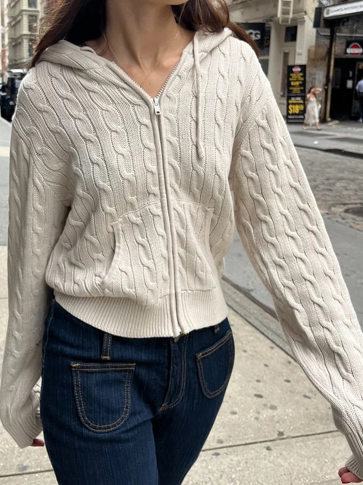 Cardigan à capuche à capuche en torsion solide Femmes Femmes d'automne Coton Coton Coton Trime zip-up Pull vintage Streetwear Cropped Tops Coat 2