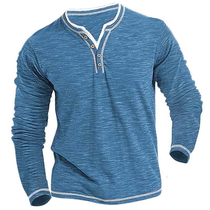 Mens plain weave Henry shirt round neck T-shirt summer comfortable cotton fashionable long sleeved casual street clothing sports top basic240807