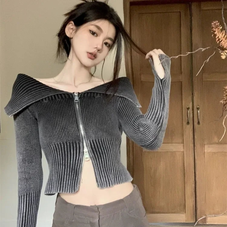 Gradient sexy aux pulls épaules off Femmes Automne Slim Fit Double fermeture à glissière Tricots Cardigan Y2K E-Girl Long Sleeve Tops Mujer 24080