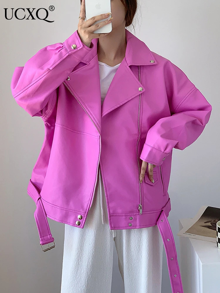UCXQ Orange Zipper Loose Pu Leather Jacket Street Clothing Collar Long Sleeve Womens Coat Fashion Trend Winter 2023 SM4037 240807