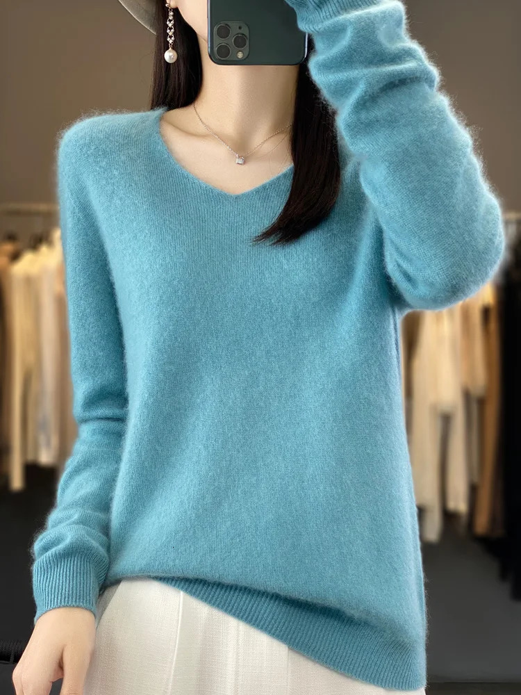 100% Merino Wool Sweater Cashmere Pullover Women Knitwear V-Neck Long Sleeve Autumn Winter Fashion Basic Clothing Tops 240808