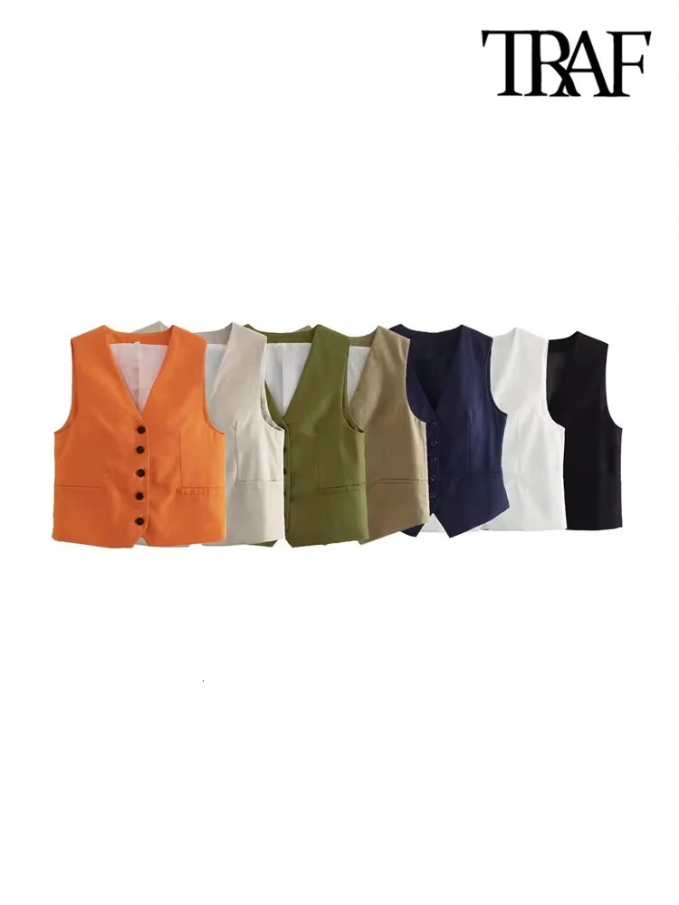 TRAF Women Fashion Front Button Linen Blend Waistcoat Vintage V Neck Sleeveless Female Outerwear Chic Vest Tops 240808