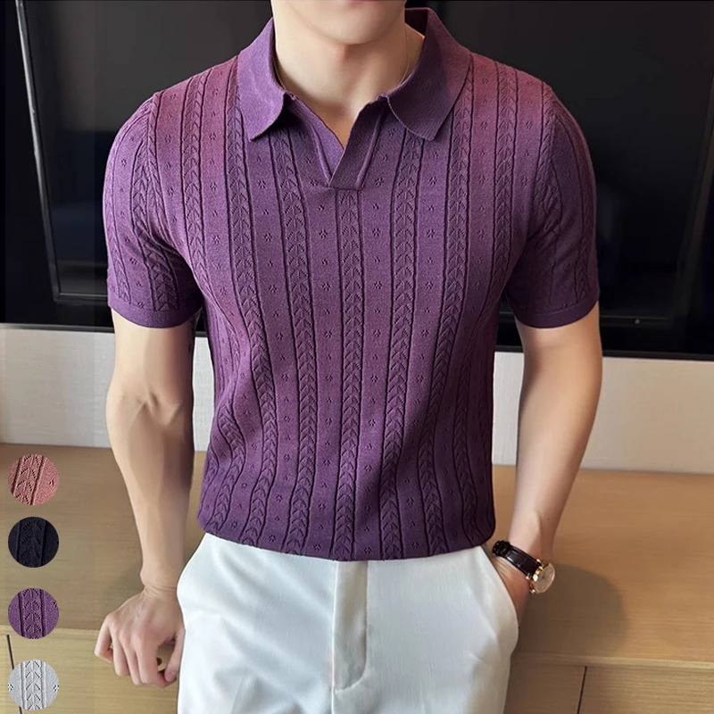 Mens polo shirt striped jacquard knitted short sleeved shirt V-neck solid color elastic top 2024. M-3XL240807