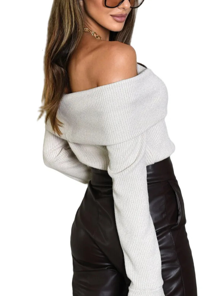 Women Off Shoulder Slim Fit Fold Over Sweater Top Autumn Casual Long Sleeve Rib Knit Solid Pullover Sweaters Jumper Tops 240808