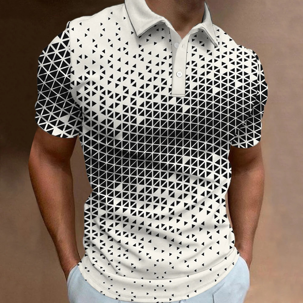Mens polo shirt fashionable golf shirt 3D plain weave T-shirt striped street clothing mens short sleeved button up shirt casual top240807