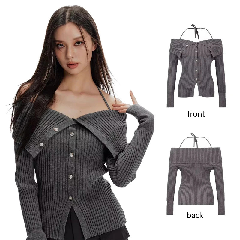Spring Slash Neck Off Shoulder Women Cardigans Y2k Aesthetic Slim Vintage Grunge Sweaters Trendy Bandage Halter Knitwear Female 240808
