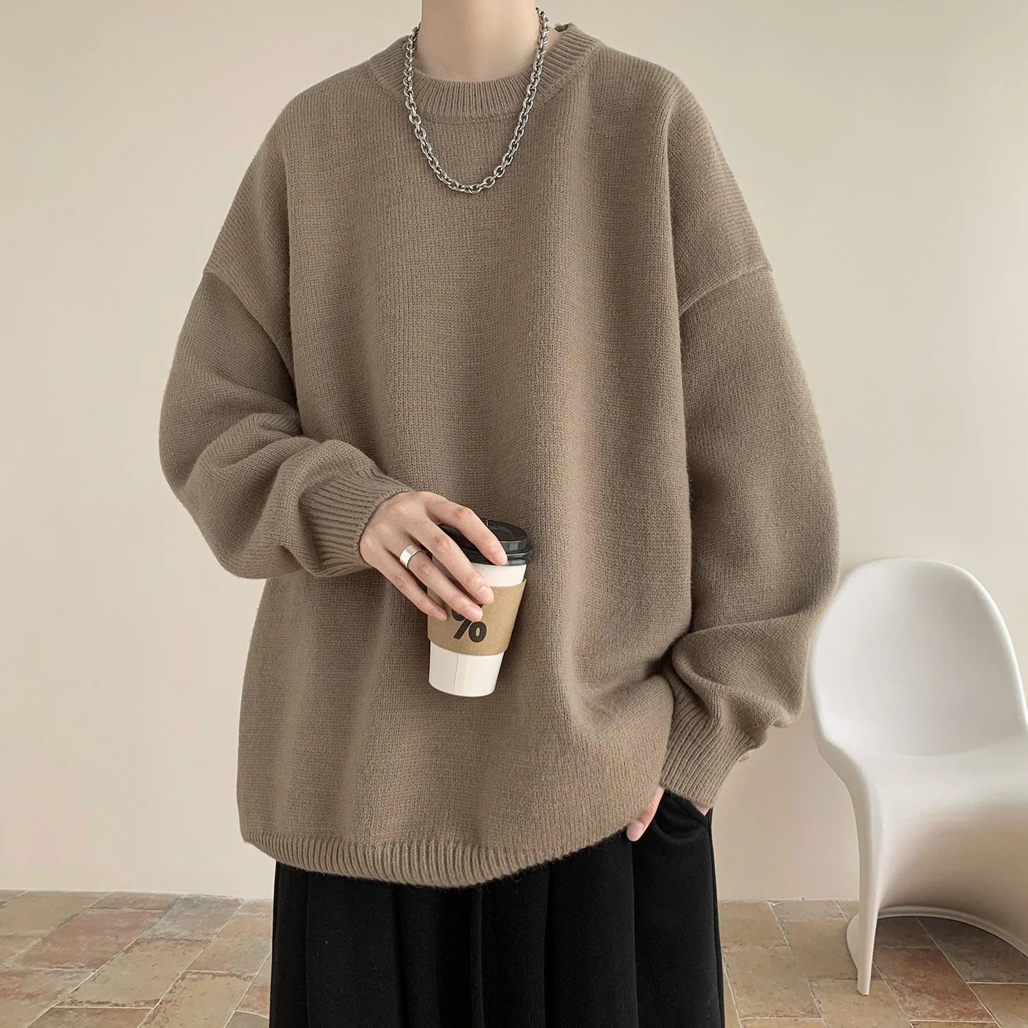 2023 Autumn Mens Super Large Japanese Sweater Retro Knitted Hip Hop Warm Round Neck Cloting Pullover 240807