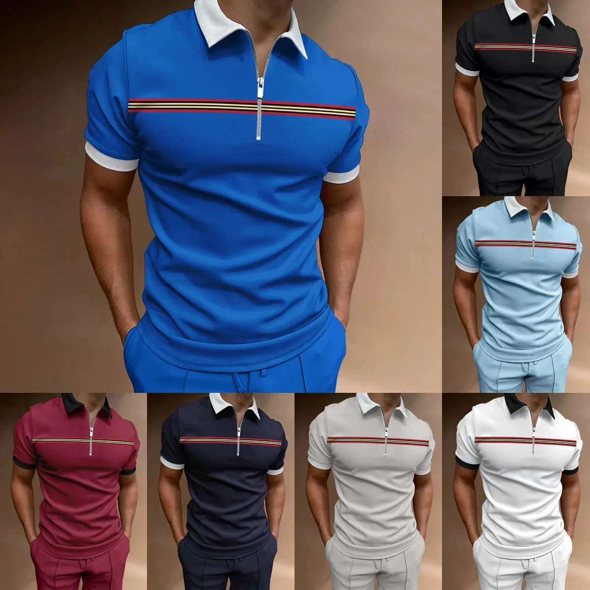 Mens casual polo shirt solid color striped printed polo shirt summer fashion business golf top oversized blue mens shirt240807