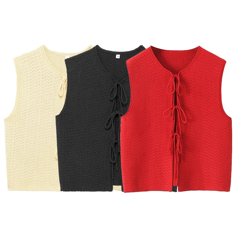 Willshela Women Fashion Solid Lace Up Knitted Vest Tank Tops Vintage O-Neck Sleeveless Female Chic Lady Top 240808