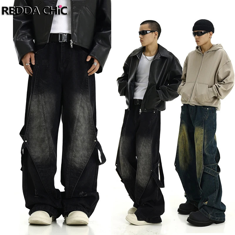 Reddachic Belt Deconstructed Luggage Jeans Mens Retro Washing Destruction Splicing Straight Casual Wide Leg Pants Y2k Street Wear240807