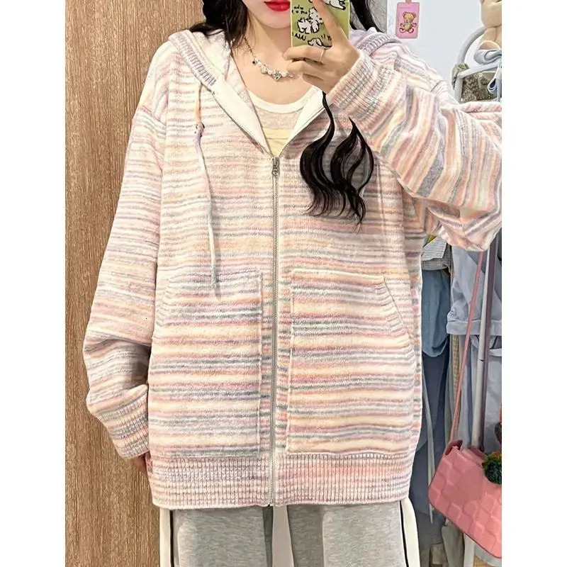 Autumn Gradient Rainbow Stripe Sweater for Women Winter Jackets Korean Loose Casual Knitted Hooded Cardigan Women Tops 240808