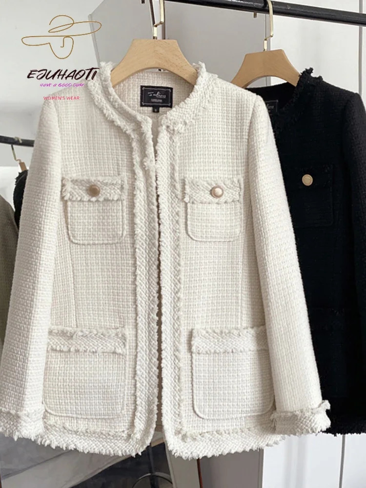 Womens jacket small perfume coat 2024 autumn and winter Korean fashion O collar tweed vintage coat loose matching top240807