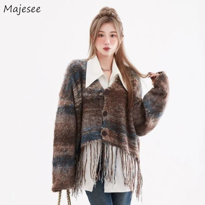 Cardigans Women Tassel Tie Dye Patchwork Long Sleeve Sweaters Knitwear Vintage Retro Coat Boho All-match Korean Style Fashion 240808