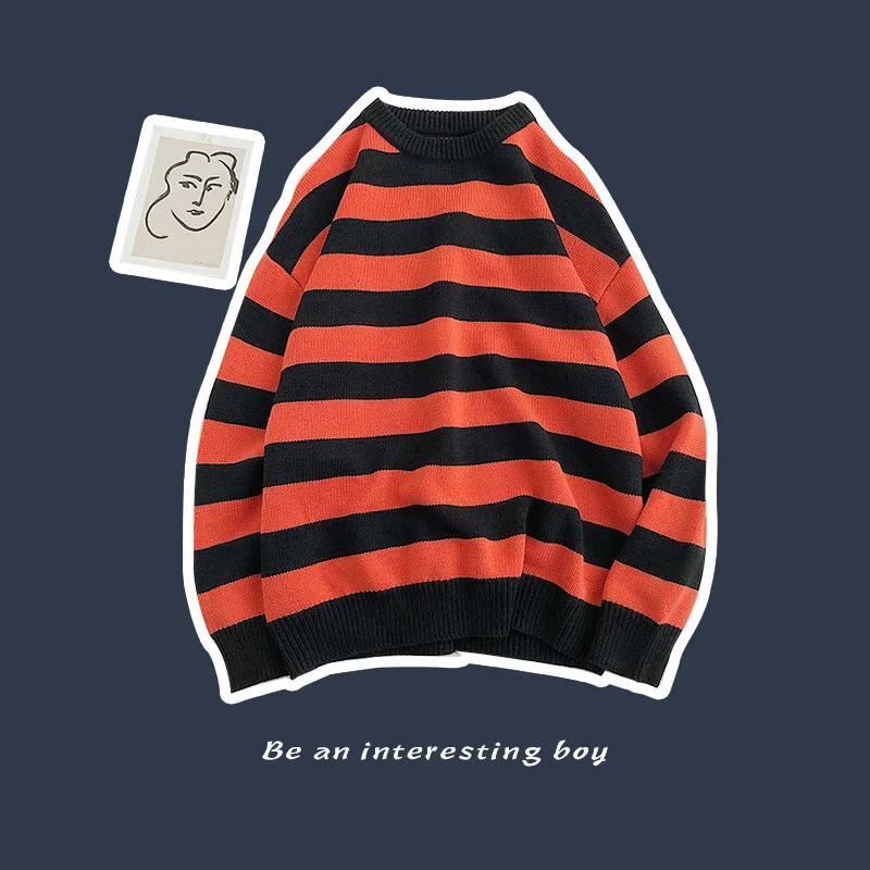 Fashionable Pullover Red and Black Stripe Knitted Sweater for Mens Autumn Winter Round Neck Casual Fashion Trend Clothing Size Up 240807