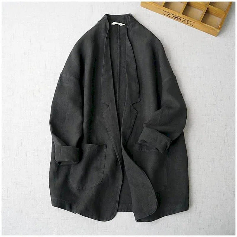 Womens long sleeved casual jacket Korean cotton linen retro oversized solid custom collar coat womens top 240807