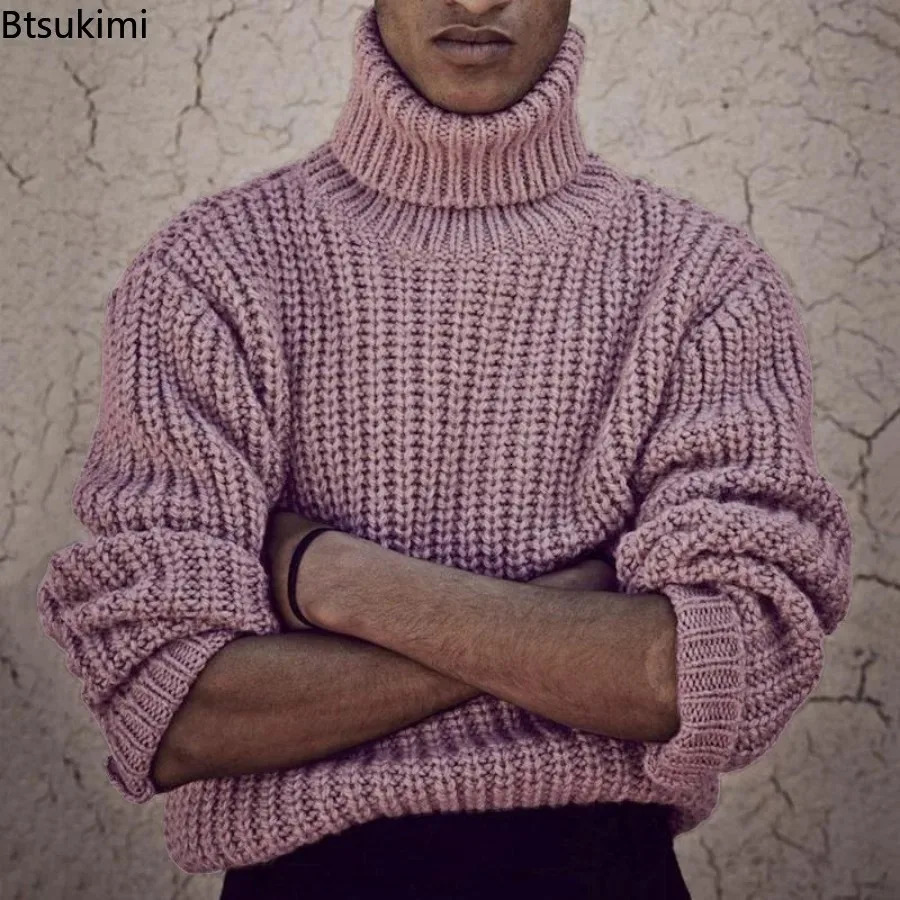 2024 mens warm thick knitted sweater drawstring high neck fashionable solid autumn winter retro clothing 240807