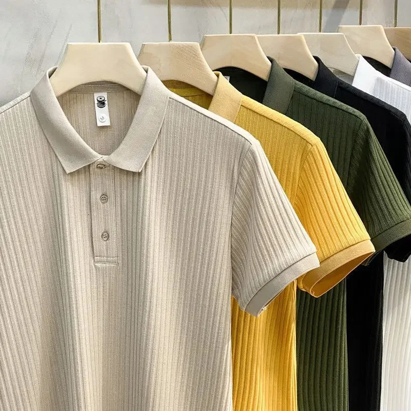 silk knitted polo shirt short sleeved fashionable summer top polo neck mens T-shirt mens clothing T-shirt240807