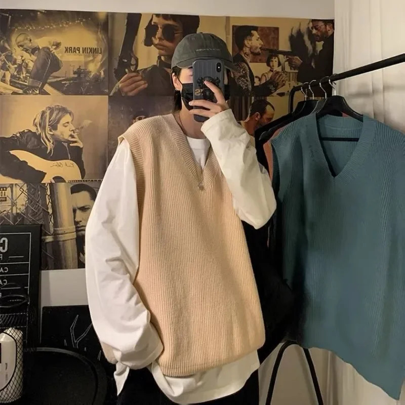 Mens knitted sweater loose fit mens solid color vest blue sleeveless cotton fashion 2024 Y2k retro 240807