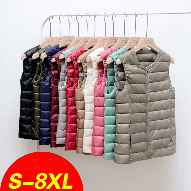 8XL Autumn Winter Women Sleeveless Waistcoat Warm Puffer Jacket Ultra Light White Duck Down Vest Female Short Oversize Outwear 240808