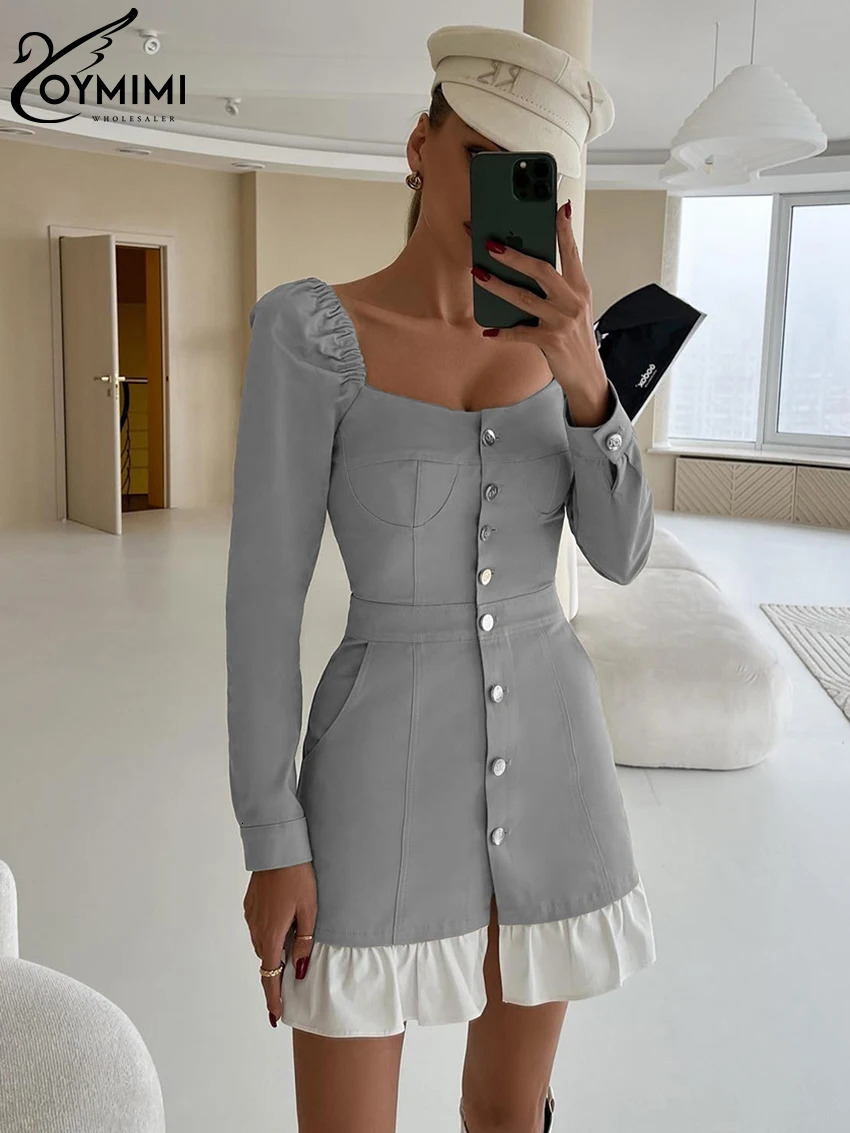 Oymimi Fashion Slim Brown Womens Robe Sexy Square Collar manche longue Mini robes élégantes Robe féminine de taille haute taille 240808