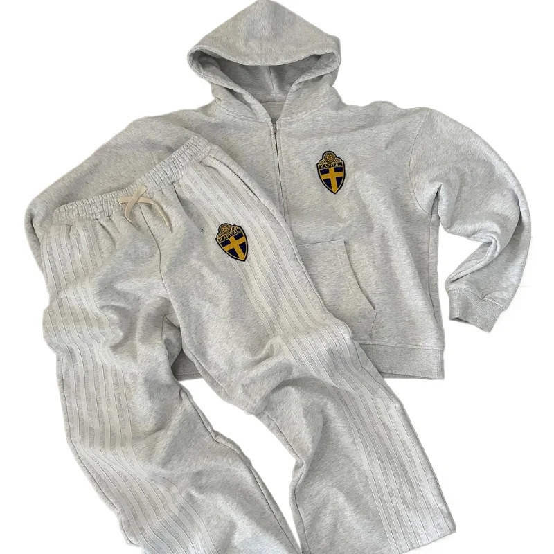 Mini Retro Y2K Mens Hoodie Two Piece Set Street Harajuku Fashion Sports and Womens Grey Pants 240824