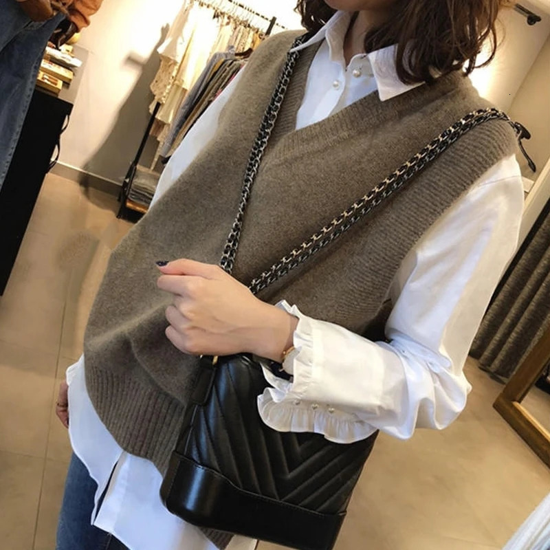 Womens Split Jacket V-Neck Sweater Pullover Autumn And Winter Style Korean Fashion Casual Blended Wool Knitted Vest 240808