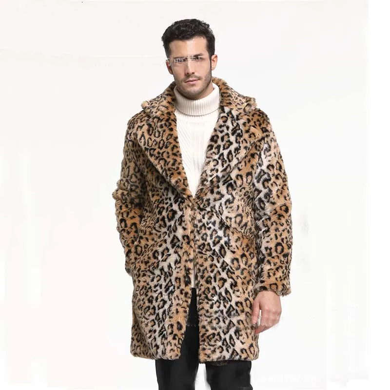 Mens Hiver Camouflage Suit collier chaud faux lapin fourrure longue manteau léopard veste pour hommes en vrac mâle décontracté 240808