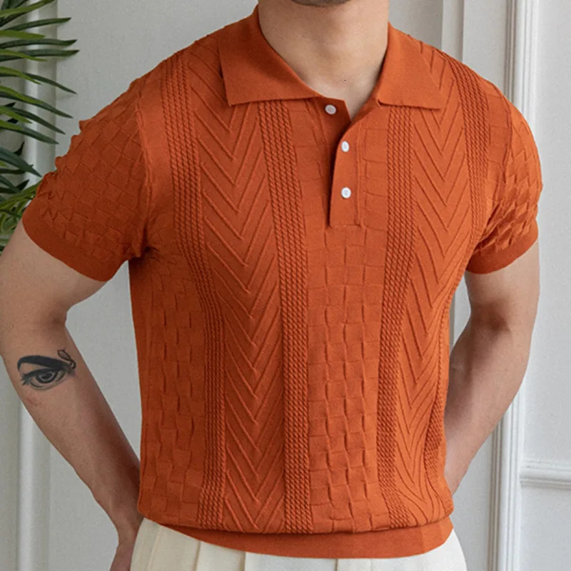 Summer jacquard pattern lapel collar mens solid color short sleeved T-shirt UK ultra-thin lapel knitted striped casual polo shirt240807